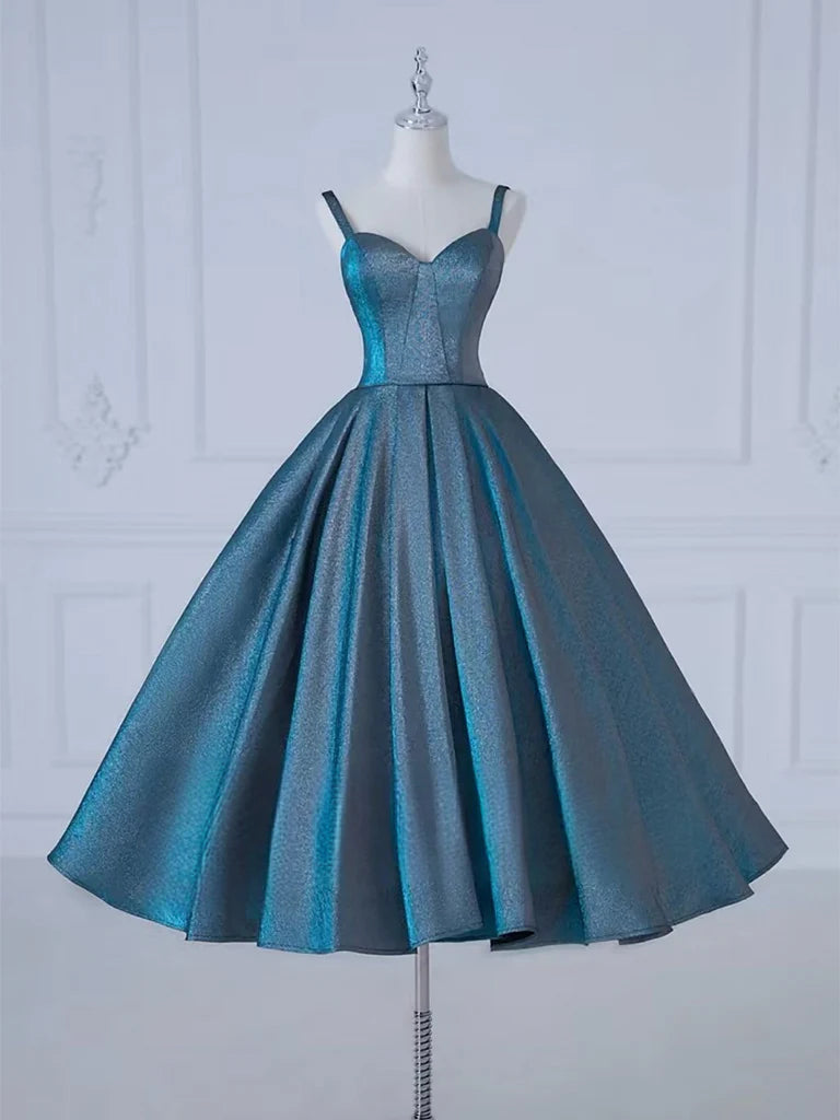 A-Line Sweetheart Neck Satin Tea Length Blue Prom Dress Blue Formal Dress