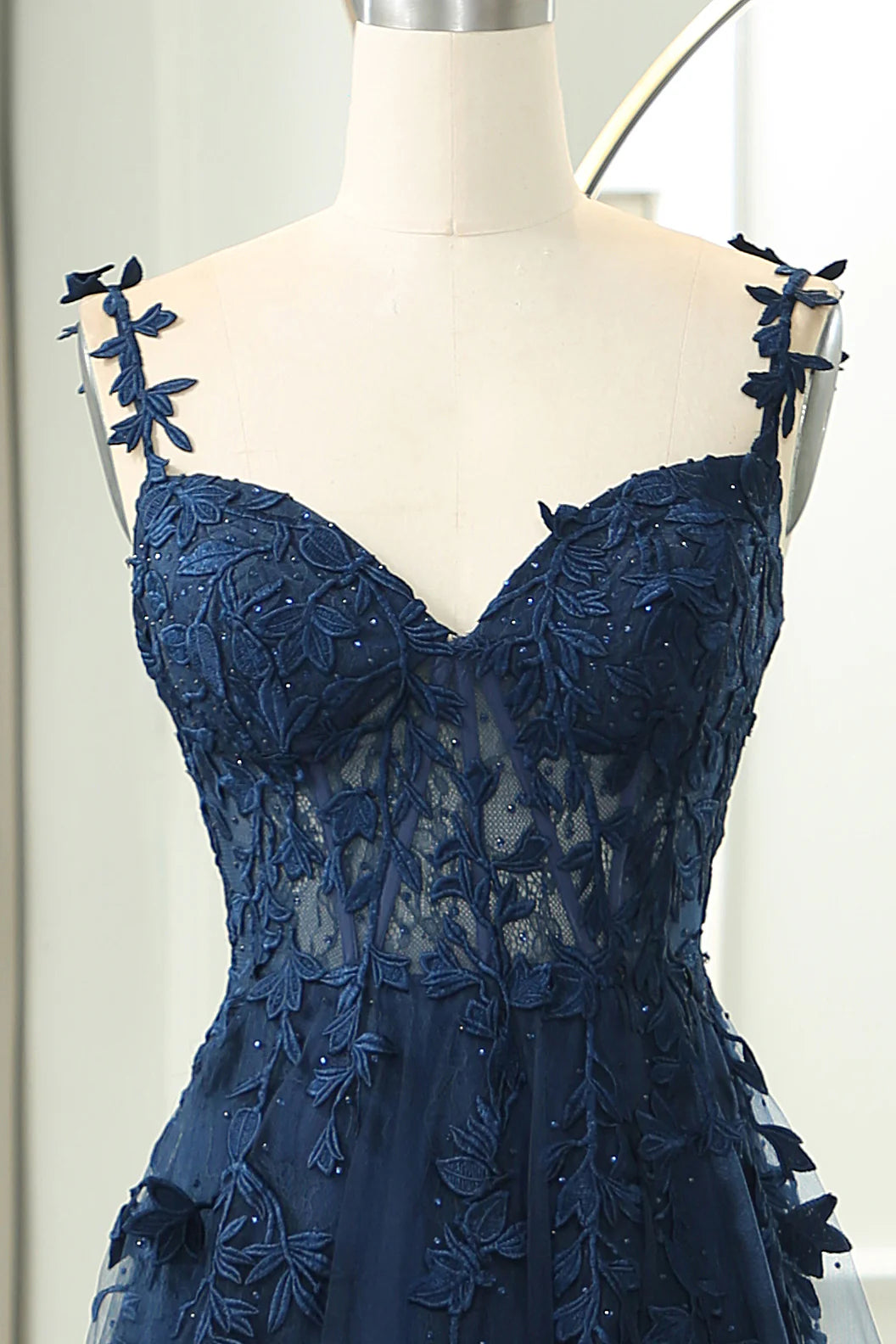 A-Line Elegant Sweetheart Neck Tulle Lace Dark Blue Long Prom Dress, Dark Blue Long Evening Dress