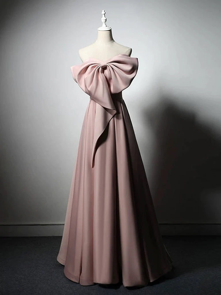 A-Line Satin Pink Long Prom Dress Pink Long Formal Dress