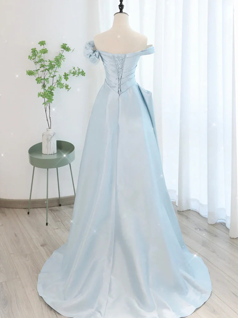 A-Line Blue Satin Tulle Long Prom Dress Blue Tulle Long Evening Dresses
