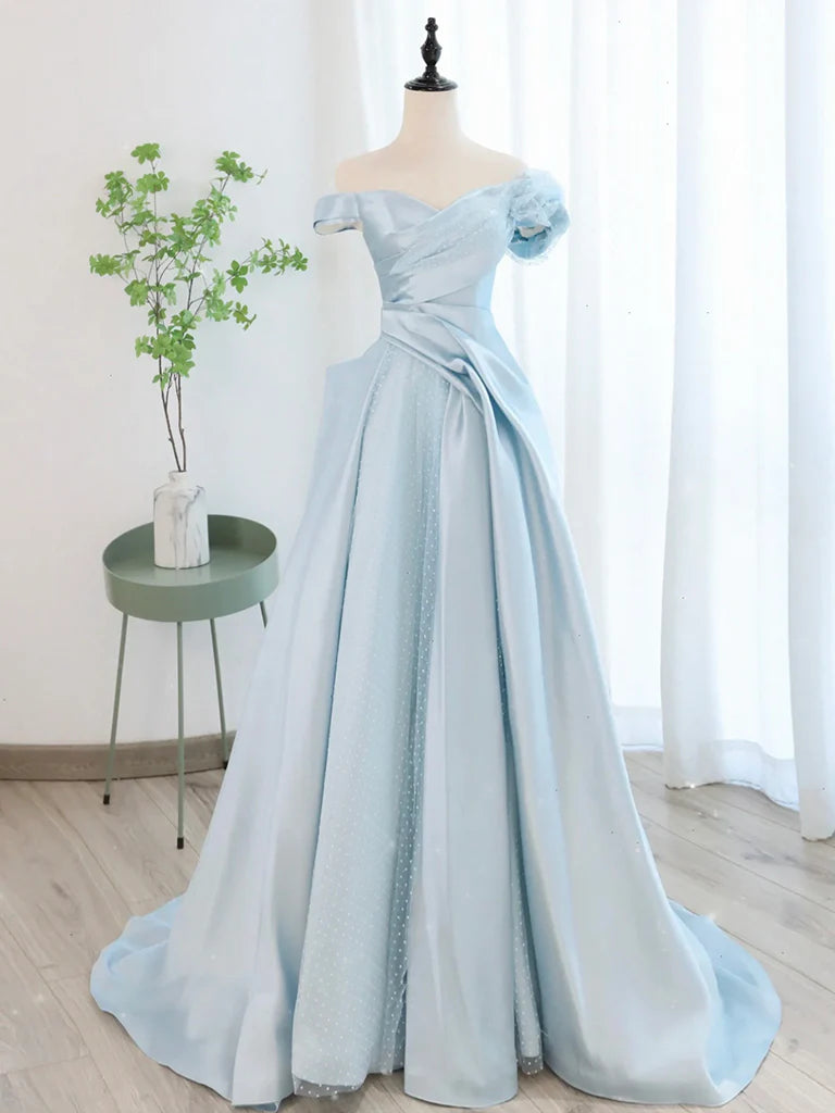 A-Line Blue Satin Tulle Long Prom Dress Blue Tulle Long Evening Dresses