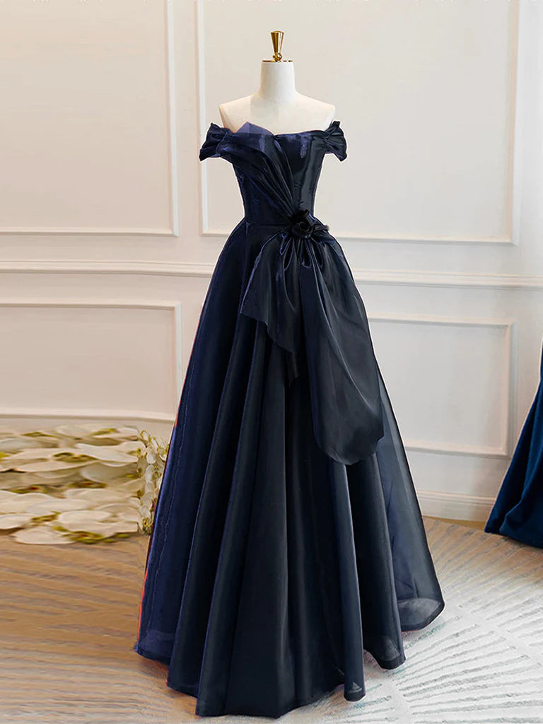 A-Line Off Shoulder Organza Dark Blue Long Prom Dress Dark Blue Long Formal Dress