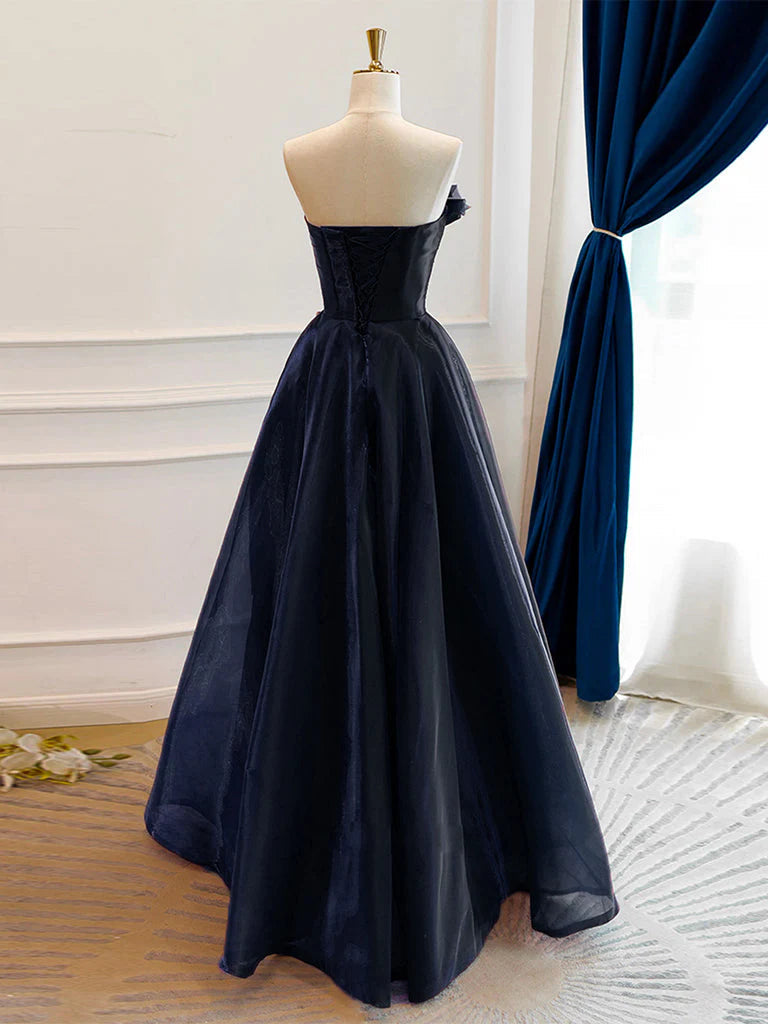 A-Line Off Shoulder Organza Dark Blue Long Prom Dress Dark Blue Long Formal Dress