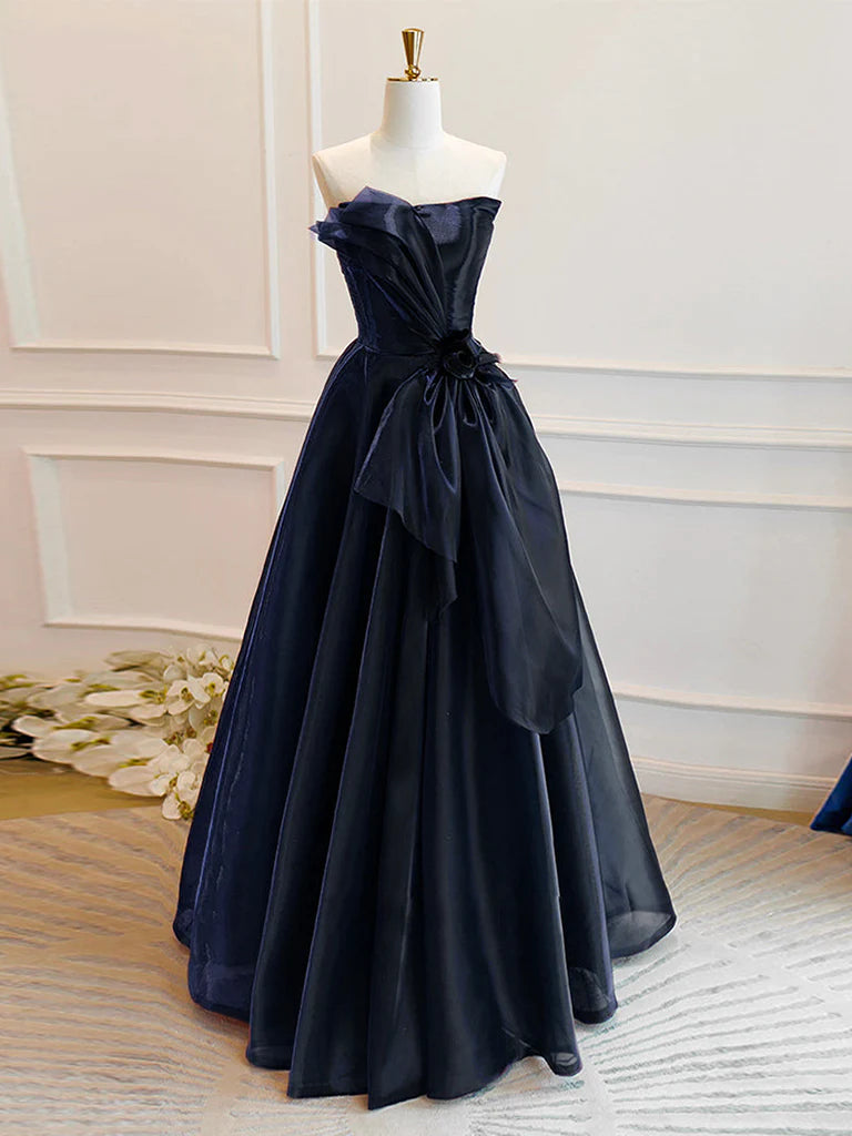 A-Line Off Shoulder Organza Dark Blue Long Prom Dress Dark Blue Long Formal Dress