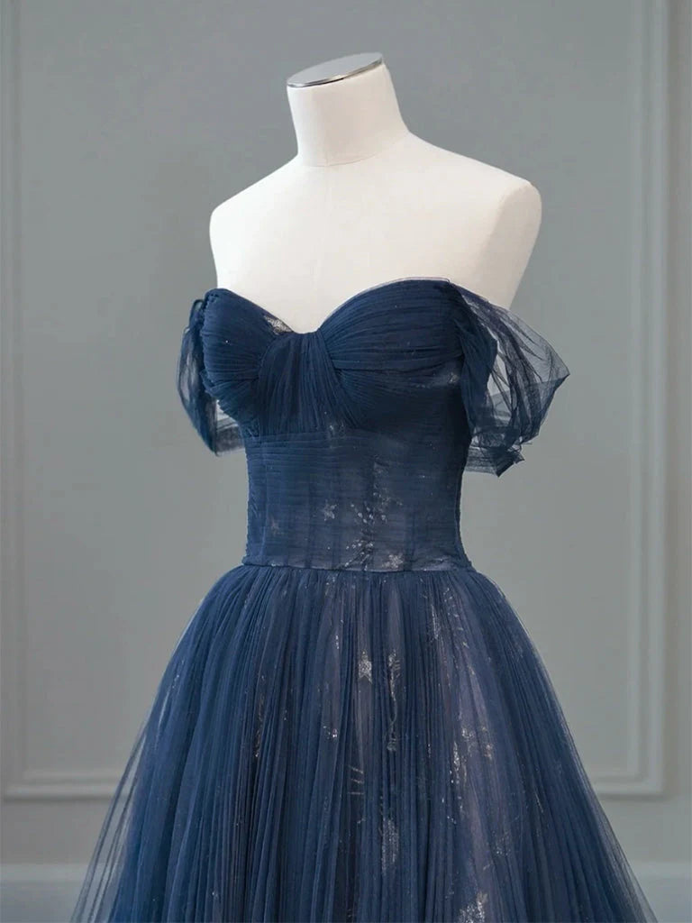 A-Line Off Shoulder Tulle Lace Dark Blue Long Prom Dress