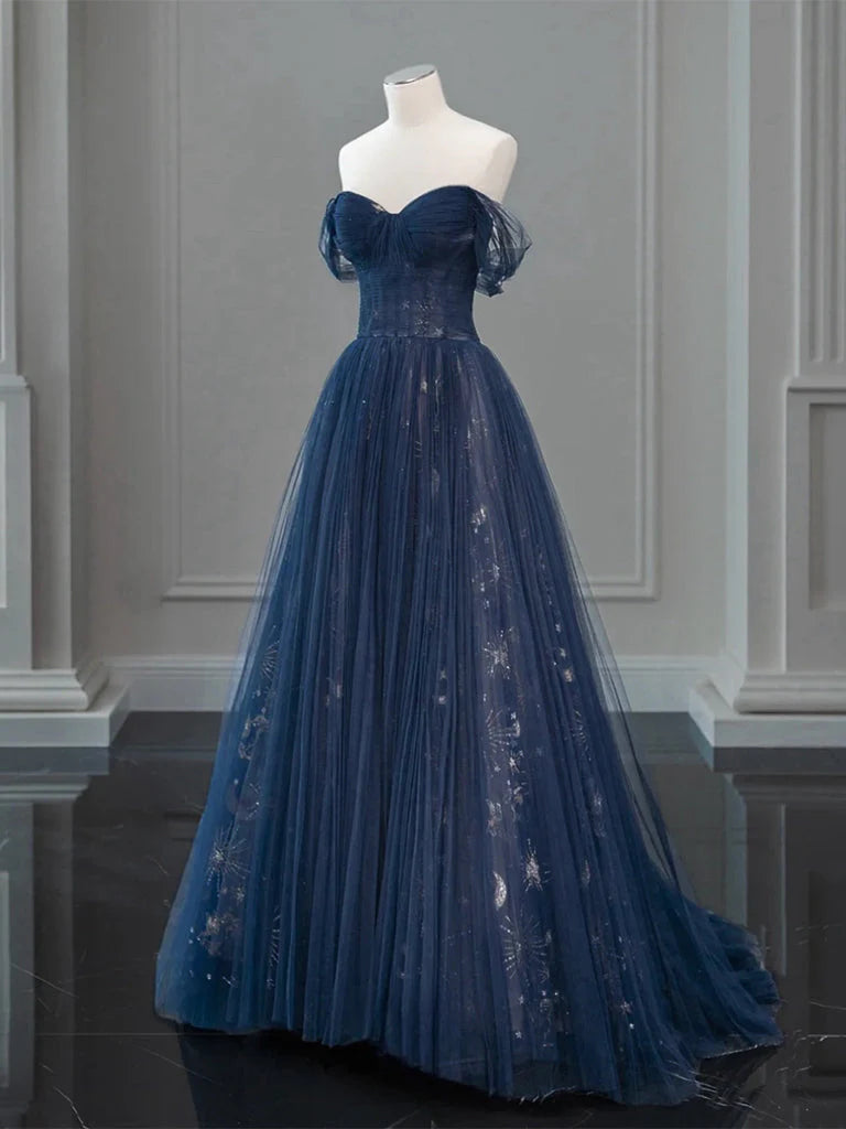 A-Line Off Shoulder Tulle Lace Dark Blue Long Prom Dress