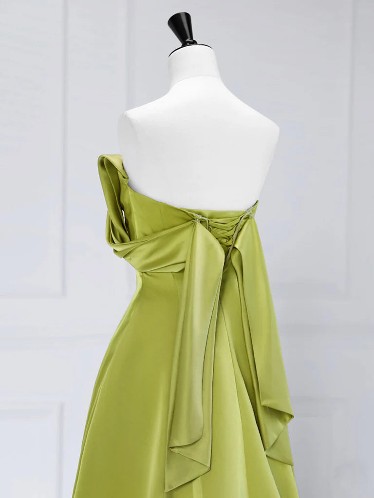 A-Line Off Shoulder Green Satin Long Prom Dress Green Long Formal Evening Dress