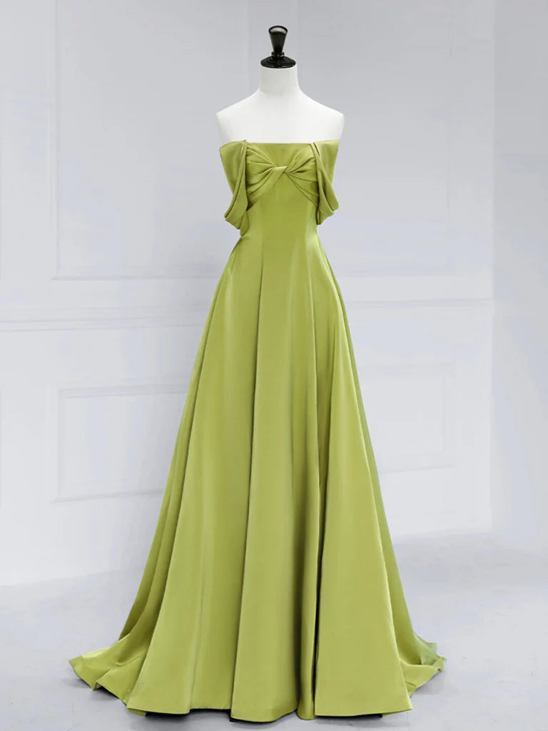 A-Line Off Shoulder Green Satin Long Prom Dress Green Long Formal Evening Dress