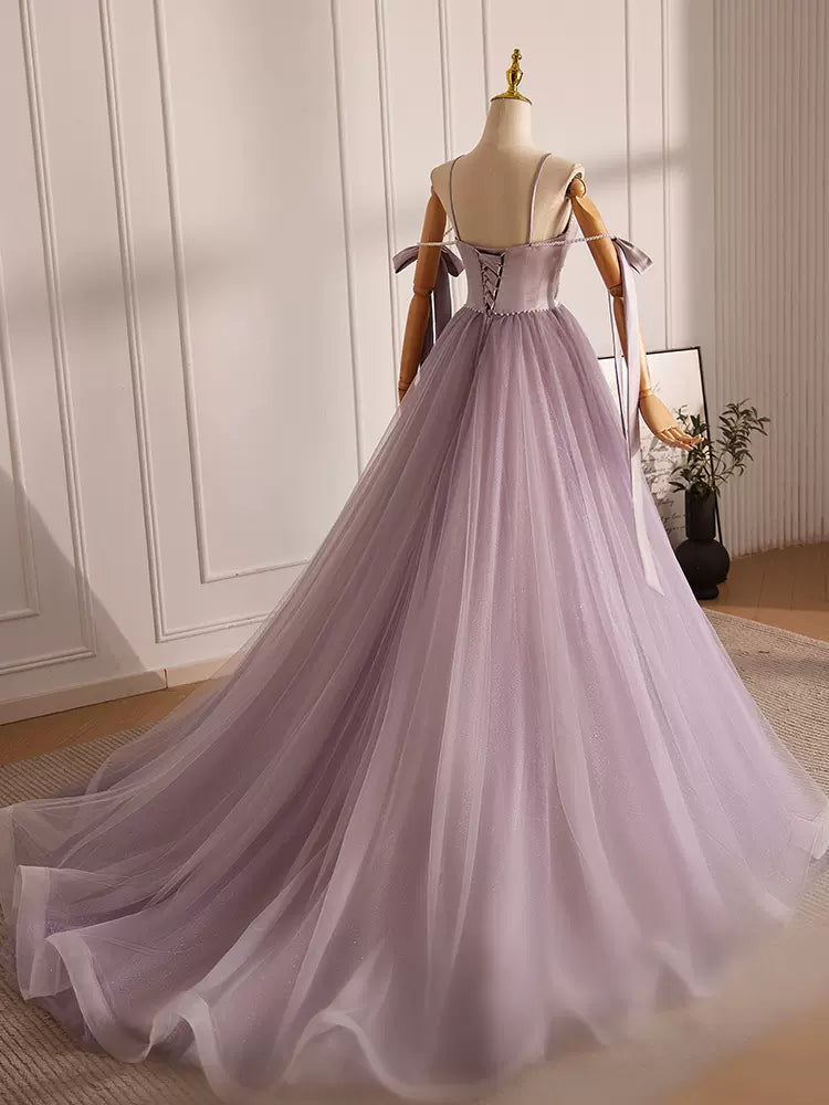 A-Line V Neck Tulle Beads Purple Long Prom Dress Purple Long Formal Dress