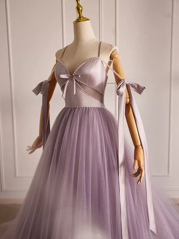 A-Line V Neck Tulle Beads Purple Long Prom Dress Purple Long Formal Dress