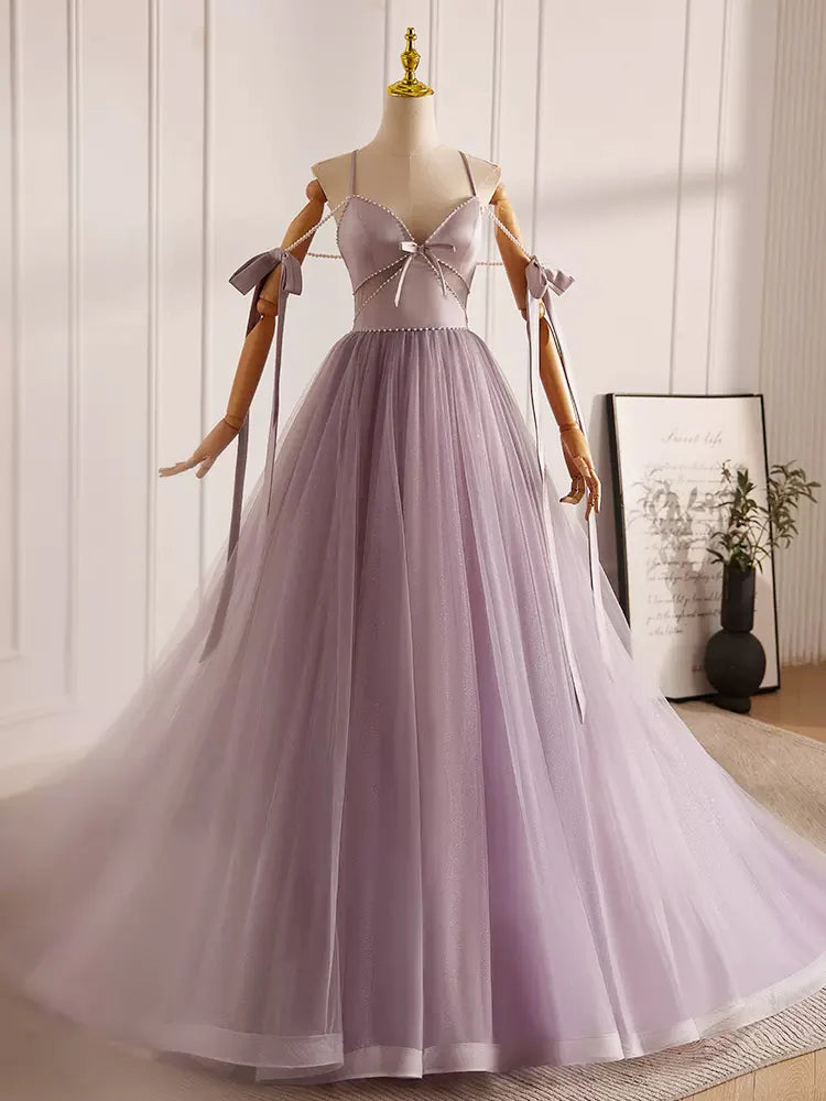 A-Line V Neck Tulle Beads Purple Long Prom Dress Purple Long Formal Dress