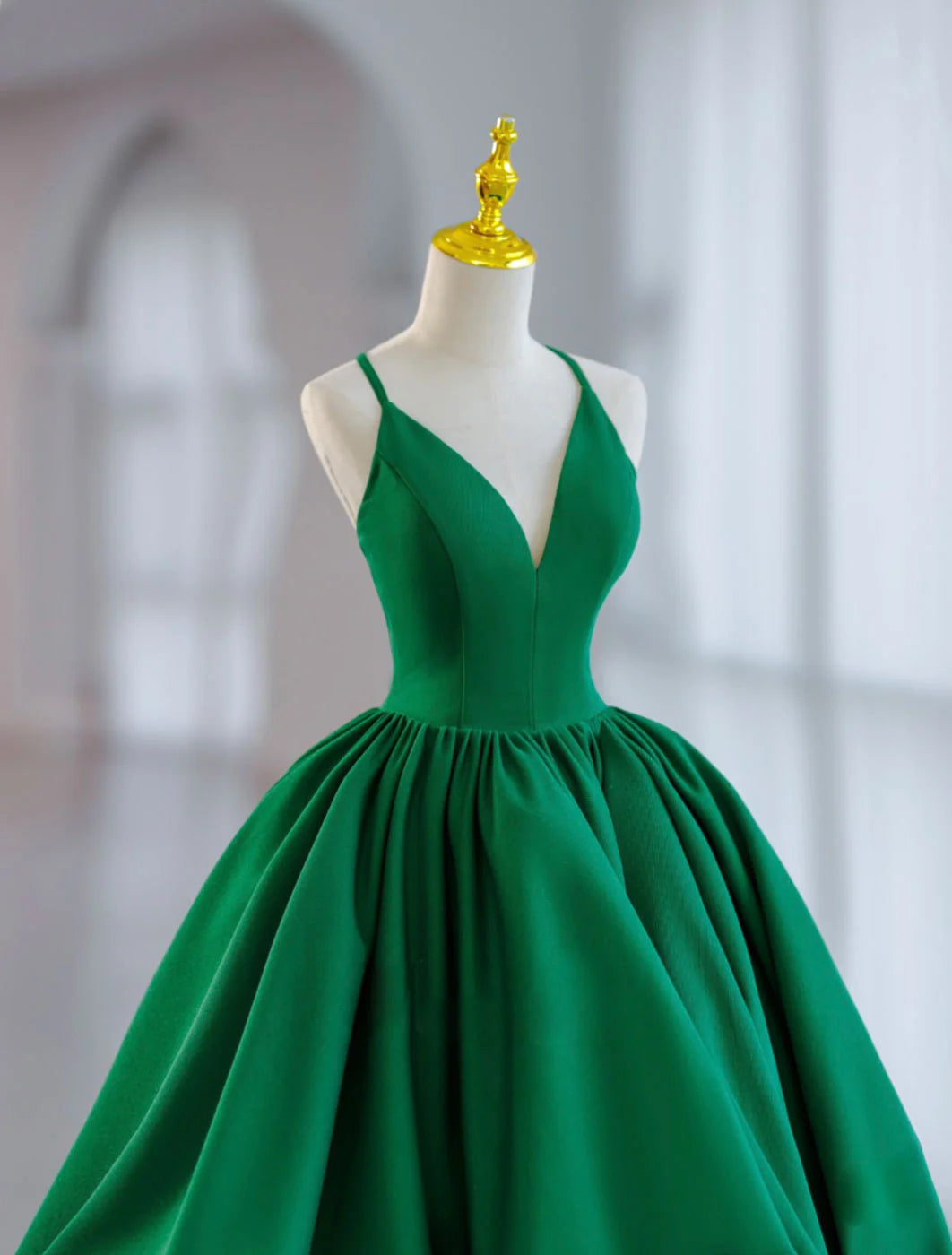 V Neck Satin Green Prom Dress Green Formal Evening Dresses