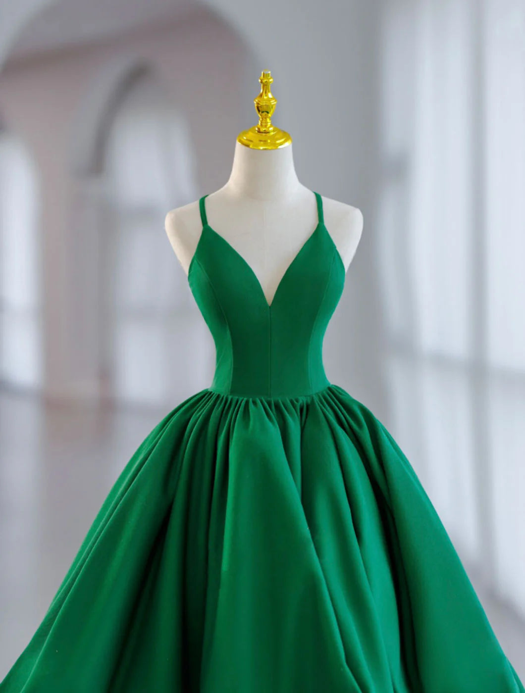 V Neck Satin Green Prom Dress Green Formal Evening Dresses