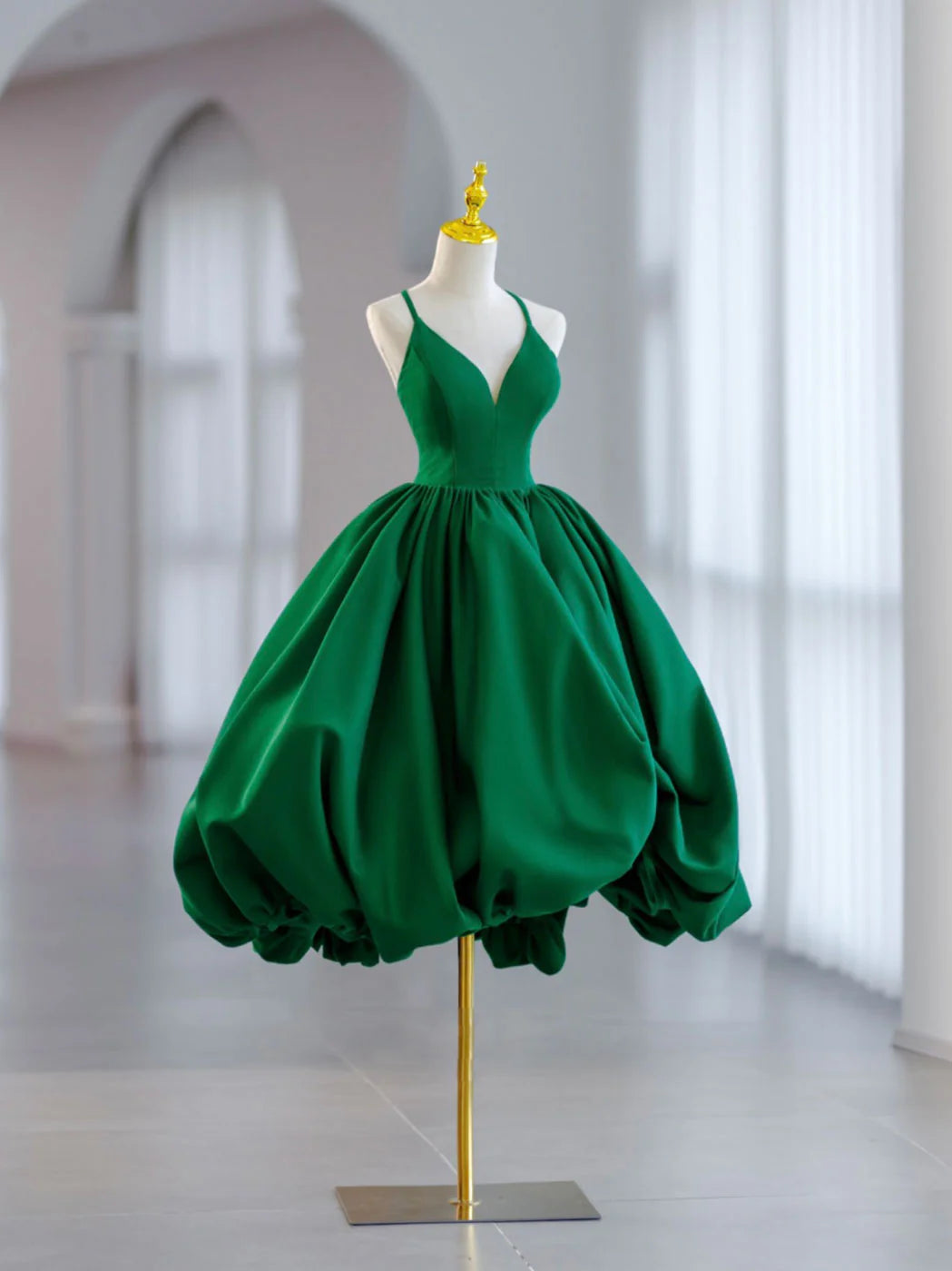V Neck Satin Green Prom Dress Green Formal Evening Dresses