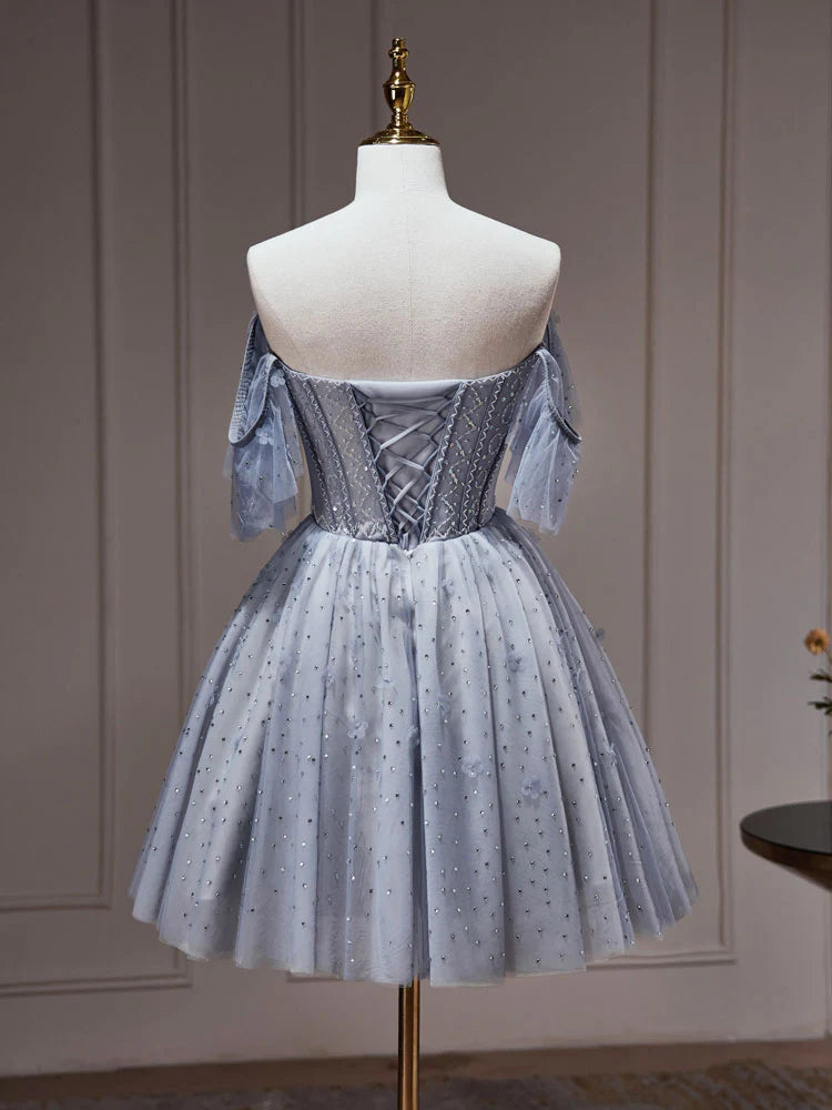 A-Line Tulle Dusty Blue Short Prom Dress Dusty Blue Homecoming Dress