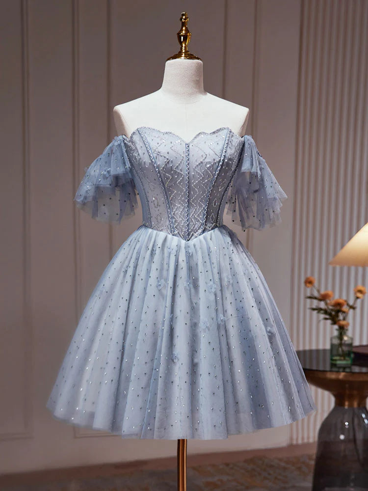 A-Line Tulle Dusty Blue Short Prom Dress Dusty Blue Homecoming Dress