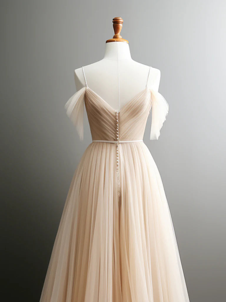 A-Line Off Shoulder Champagne Tulle Long Prom Dress Champagne Long Evening Dress
