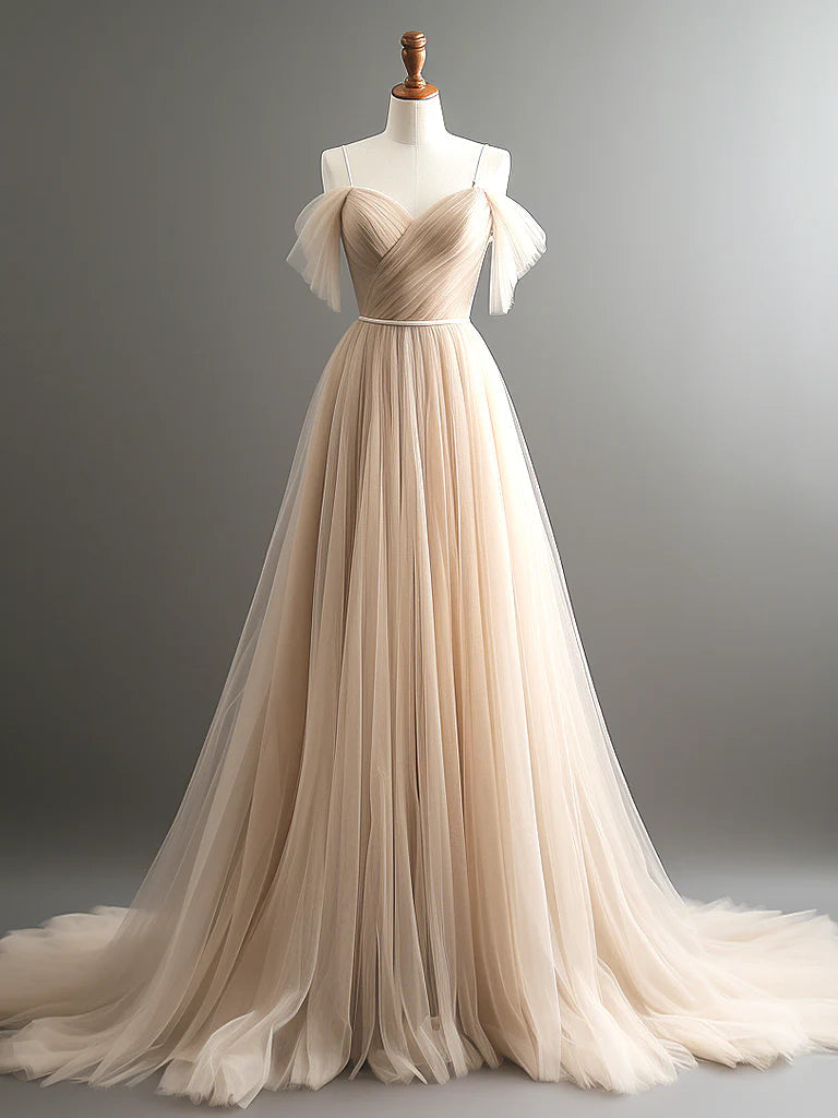 A-Line Off Shoulder Champagne Tulle Long Prom Dress Champagne Long Evening Dress