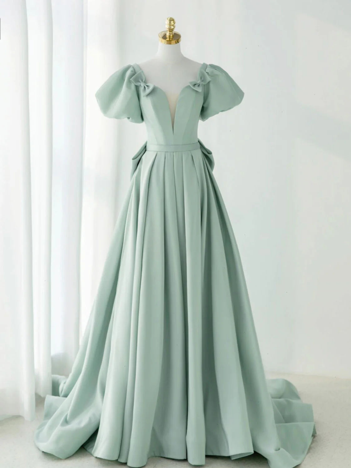 A-Line Green Satin Long Prom Dresses Green Formal Evening Dresses