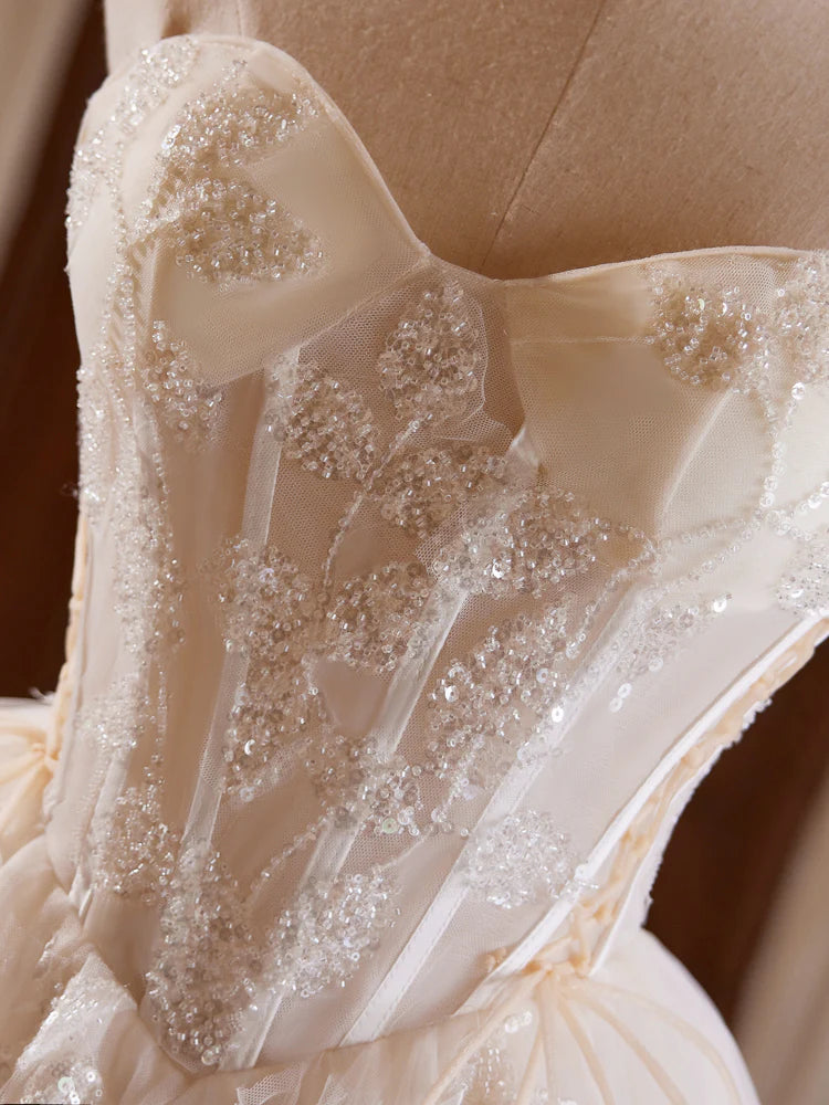 A-Line Sweetheart Neck Tulle Lace Light Champagne Short Prom Dress