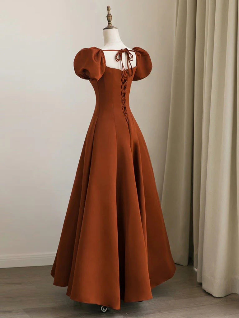 A-Line Puff Sleeves Satin Long Prom Dress Long Evening Dresses