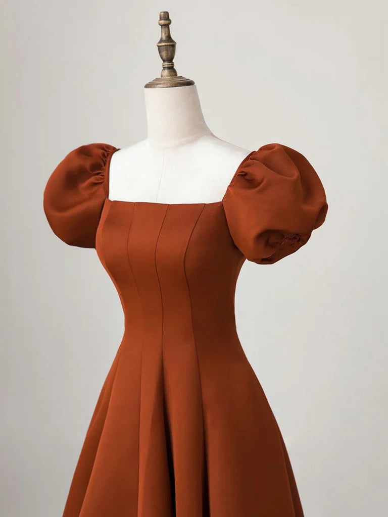 A-Line Puff Sleeves Satin Long Prom Dress Long Evening Dresses