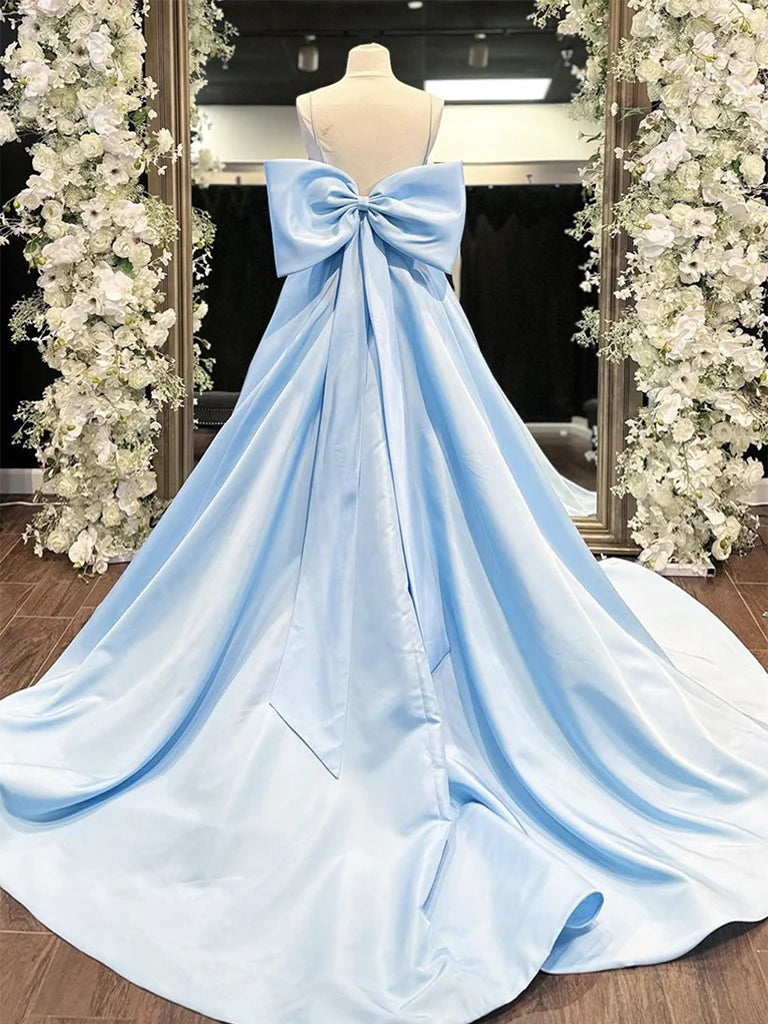 Simple A-Line Satin Blue Long prom Dress Blue Long Formal Dress