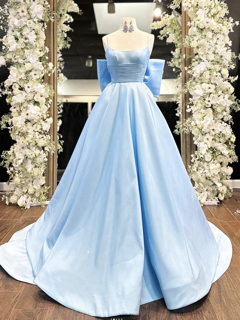 Simple A-Line Satin Blue Long prom Dress Blue Long Formal Dress