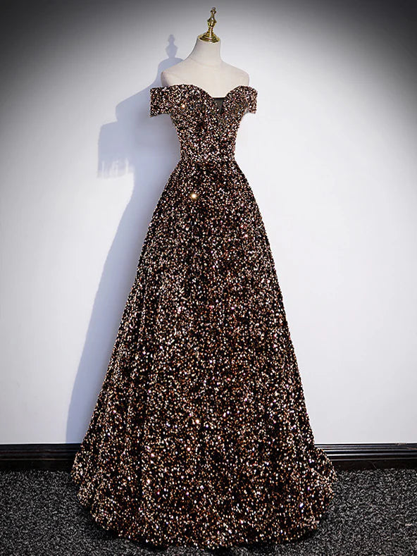 A-Line Off Shoulder Coffee Gold Sequin Long Prom Dress Coffee Gold Formal Dress