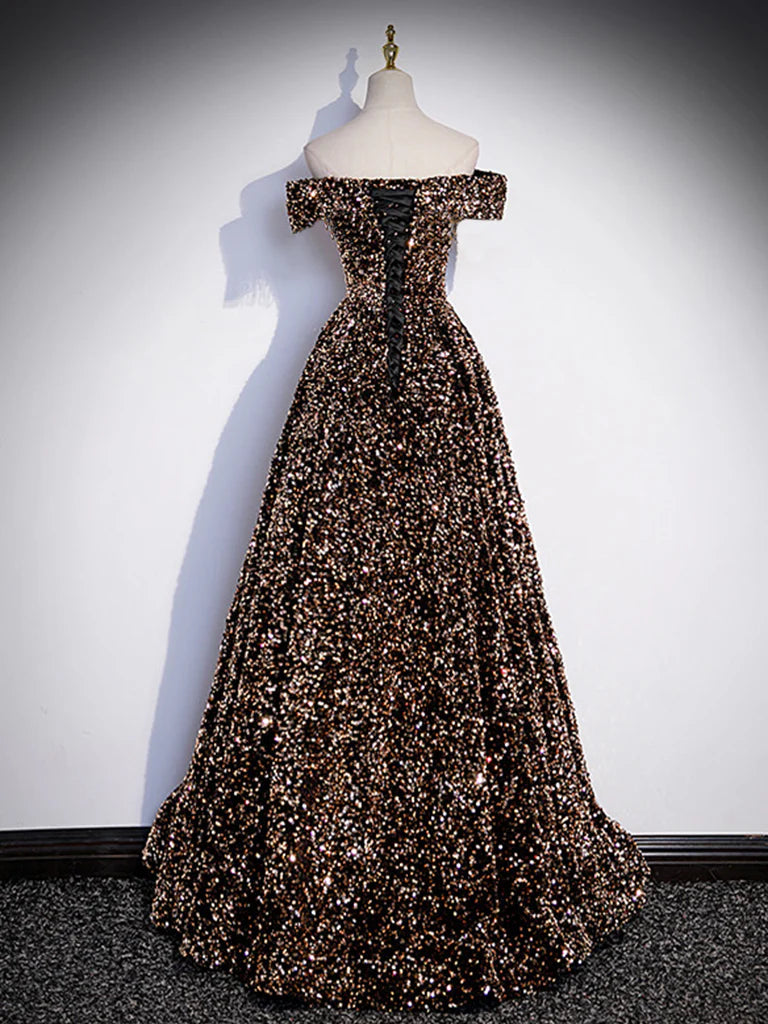 A-Line Off Shoulder Coffee Gold Sequin Long Prom Dress Coffee Gold Formal Dress