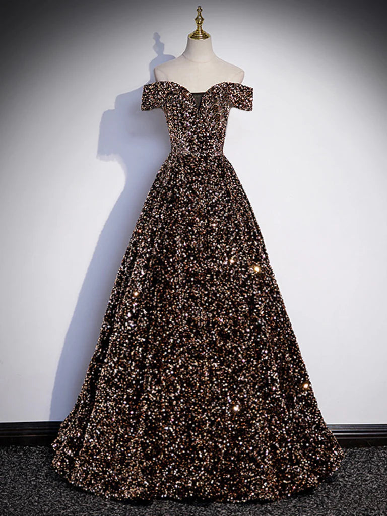 A-Line Off Shoulder Coffee Gold Sequin Long Prom Dress Coffee Gold Formal Dress