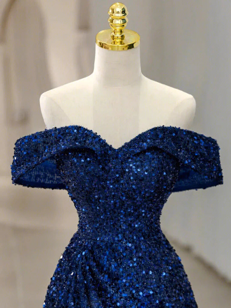 Simple Off Shoulder Sequin Blue Long prom Dress Blue Sequin Long Evening Dress