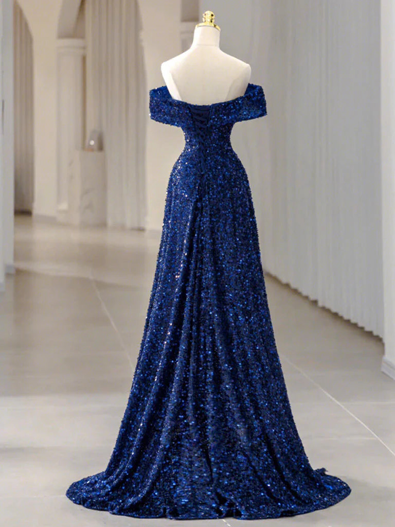 Simple Off Shoulder Sequin Blue Long prom Dress Blue Sequin Long Evening Dress