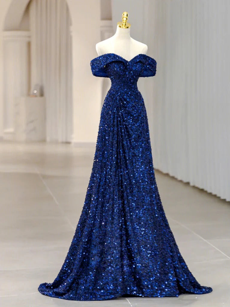 Simple Off Shoulder Sequin Blue Long prom Dress Blue Sequin Long Evening Dress