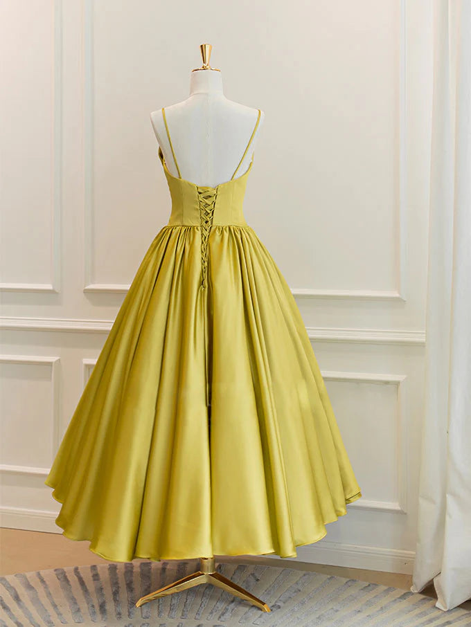 Simple yellow satin short prom dress yellow bridesmaid dress