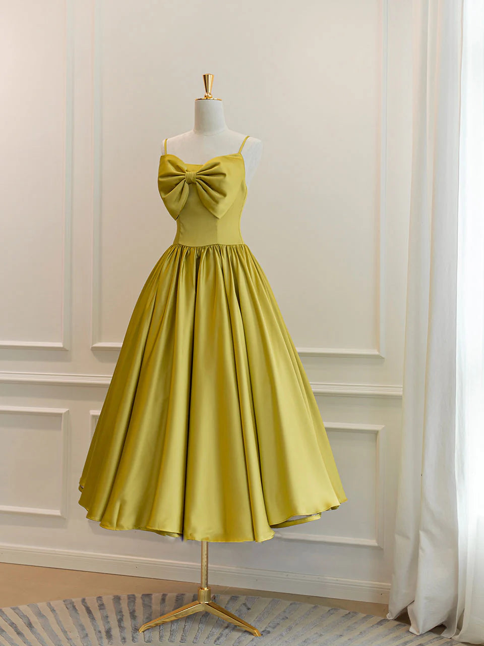 Simple yellow satin short prom dress yellow bridesmaid dress