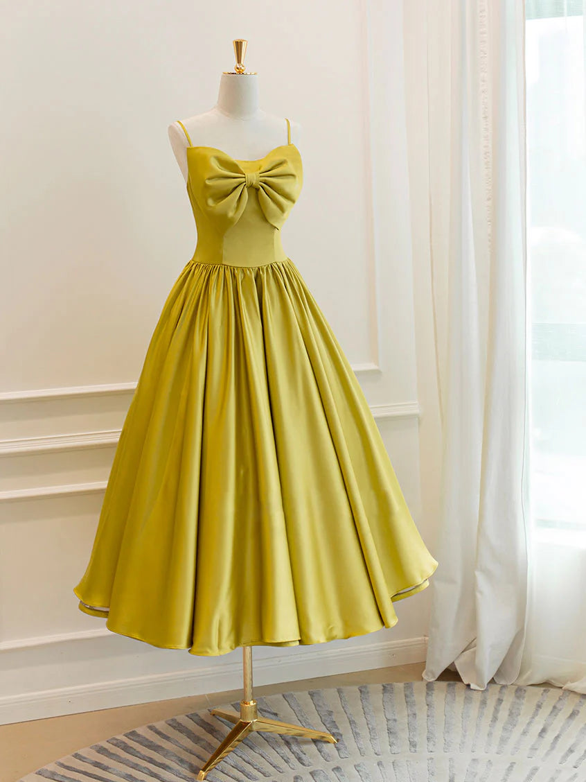 Simple yellow satin short prom dress yellow bridesmaid dress