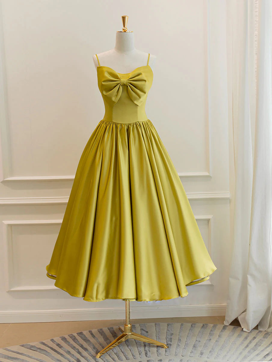 Simple yellow satin short prom dress yellow bridesmaid dress