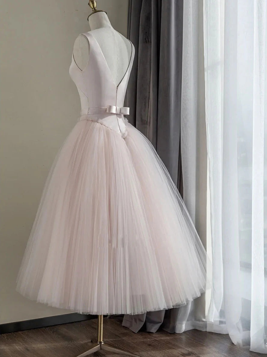 Simple round neck satin short prom dress pink tulle bridesmaid dress