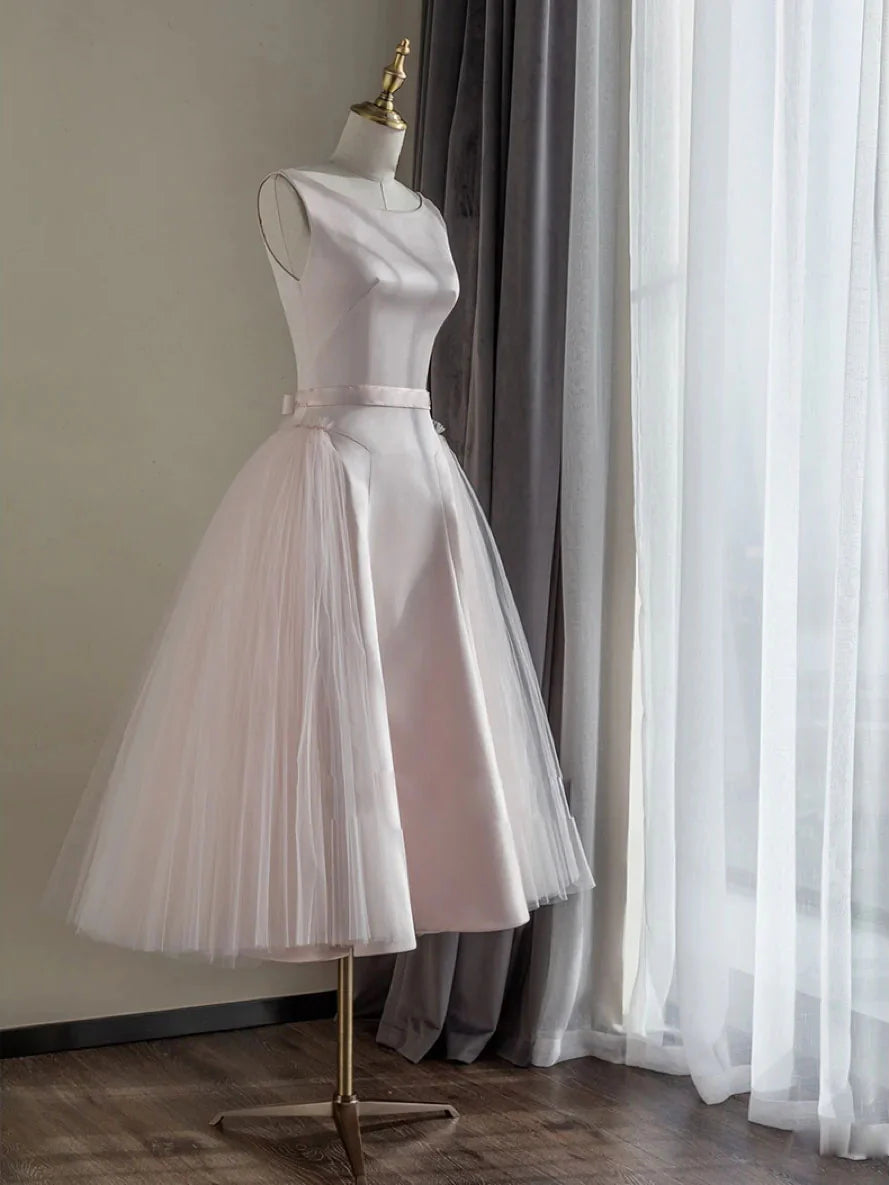 Simple round neck satin short prom dress pink tulle bridesmaid dress