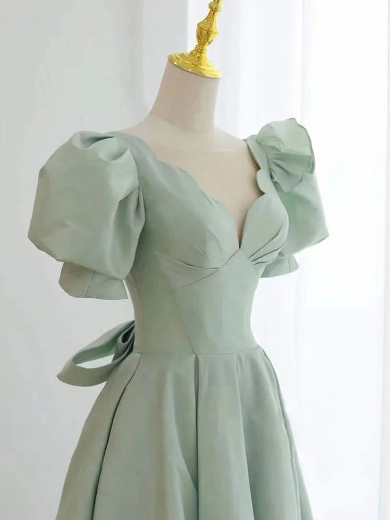 Simple green v neck satin short prom dress green evening dress