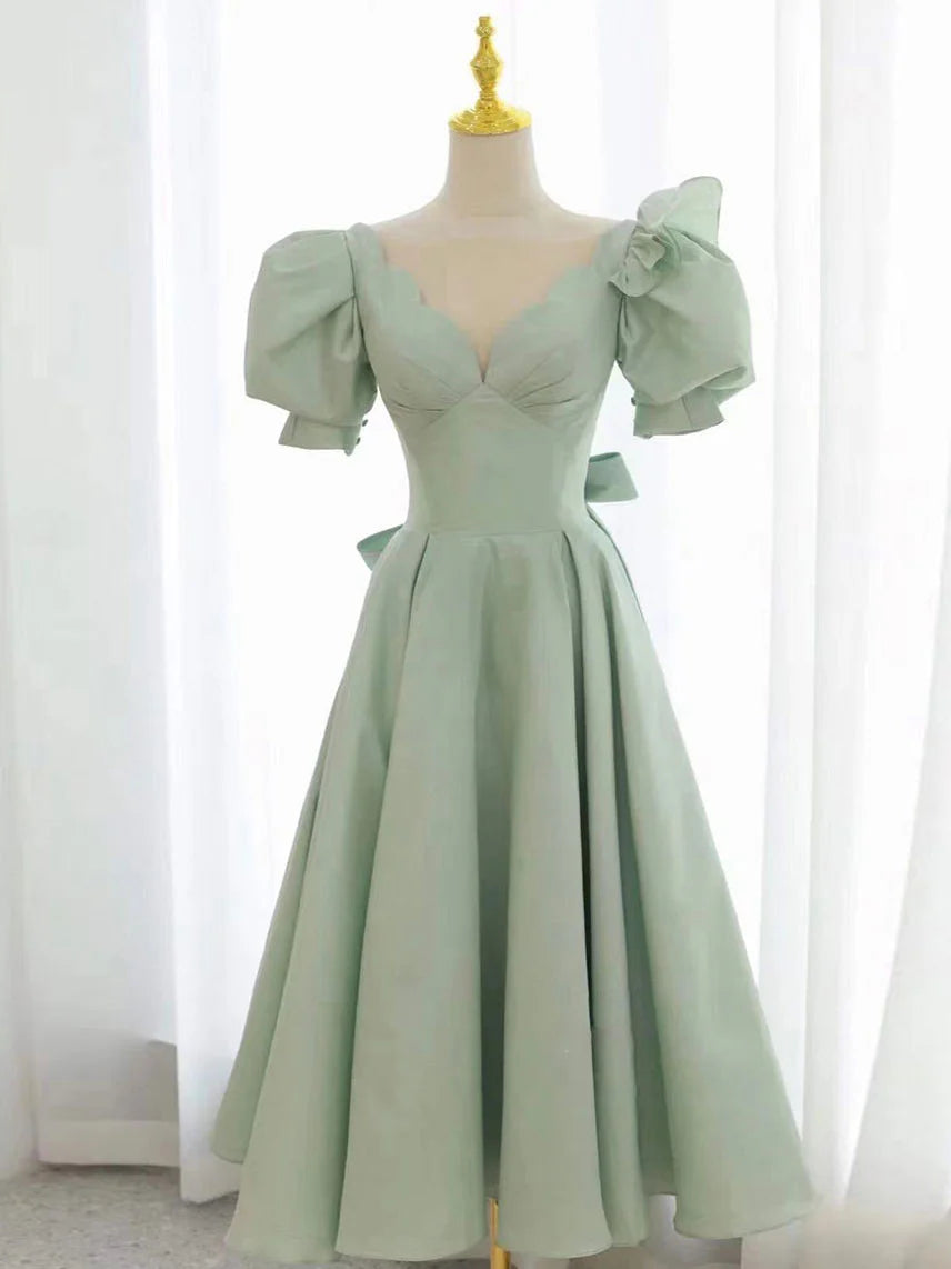 Simple green v neck satin short prom dress green evening dress