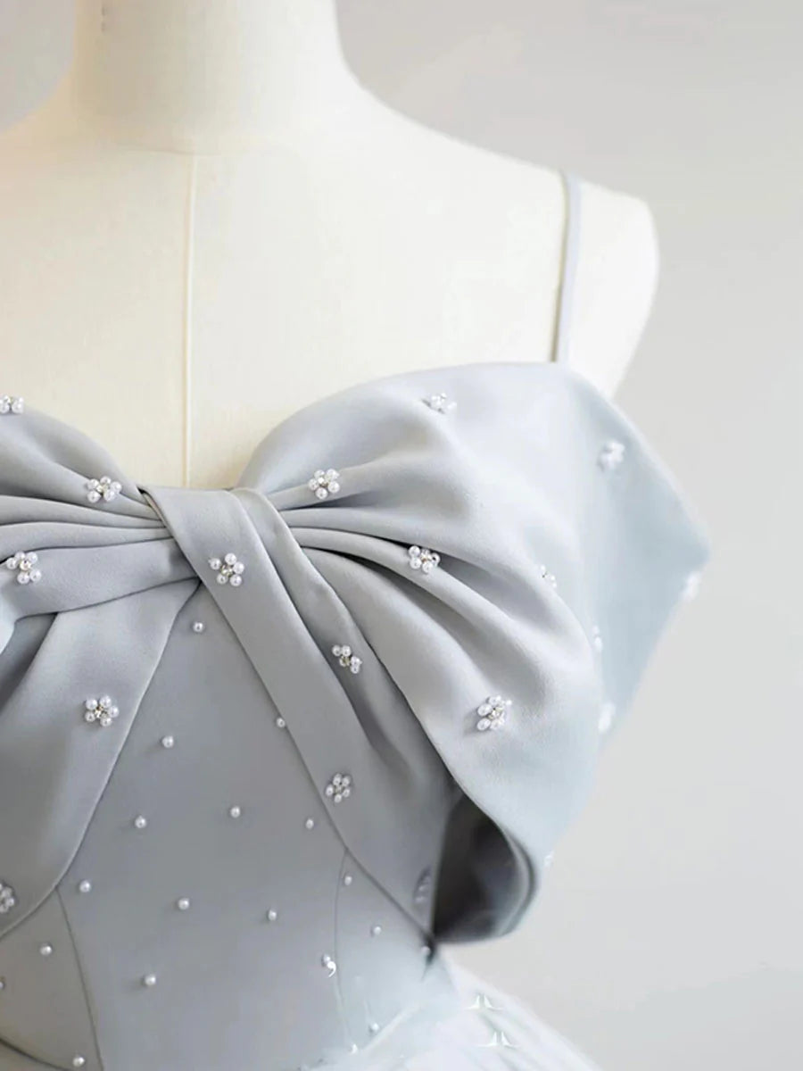 A-Line Satin Gray Long Prom Dresses Gray Long Formal Dresses