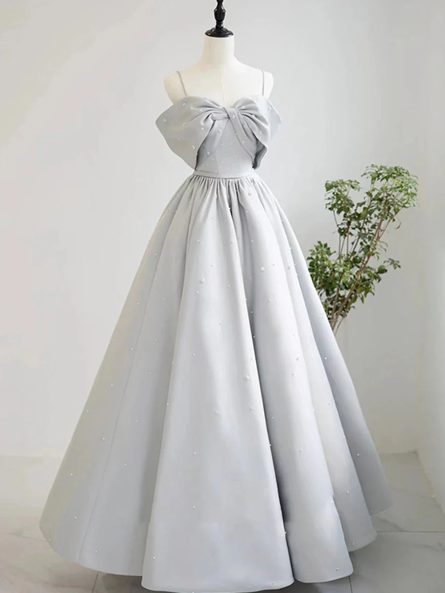 A-Line Satin Gray Long Prom Dresses Gray Long Formal Dresses