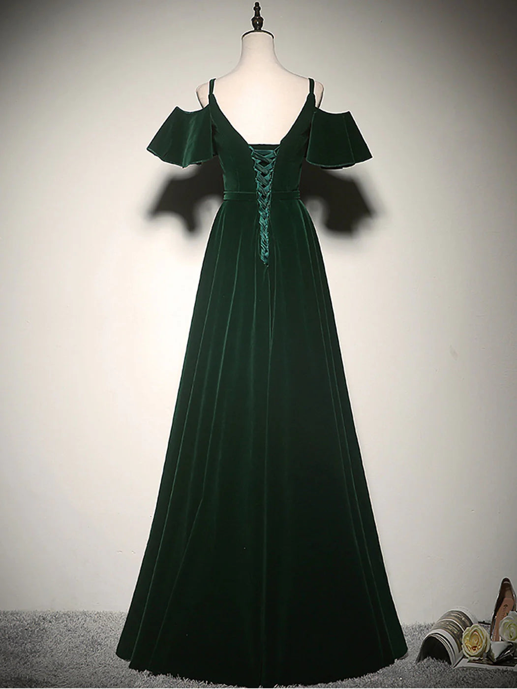 Green A-Line Velvet Long Prom Dresses Green Formal Evening Dress