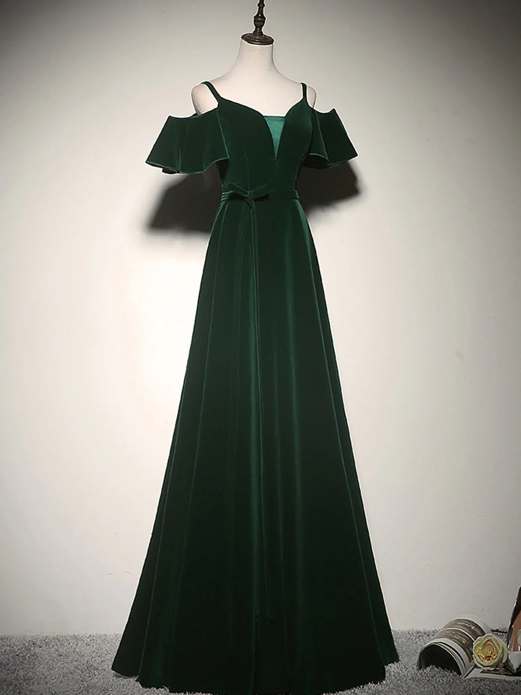 Green A-Line Velvet Long Prom Dresses Green Formal Evening Dress
