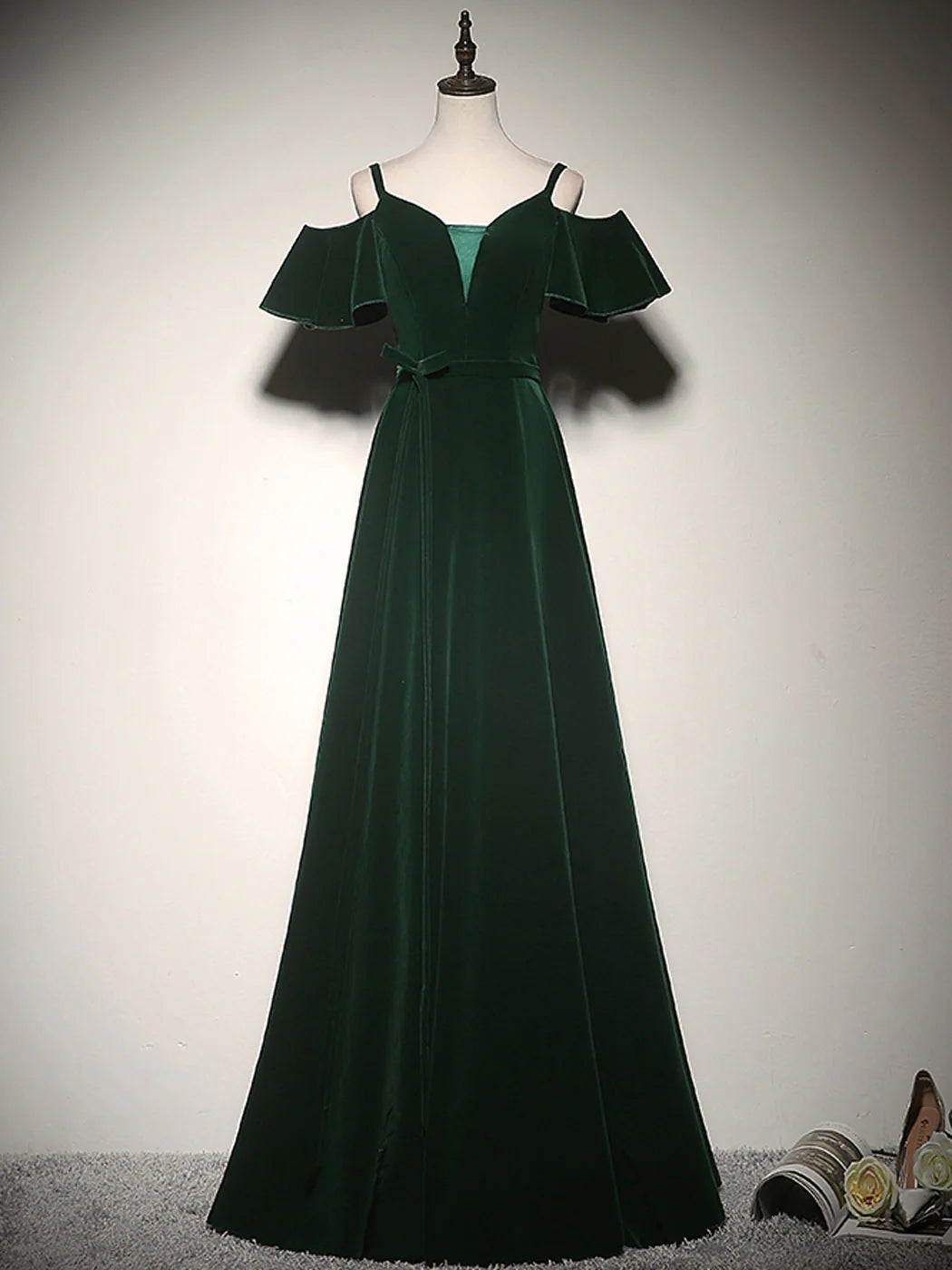Green A-Line Velvet Long Prom Dresses Green Formal Evening Dress