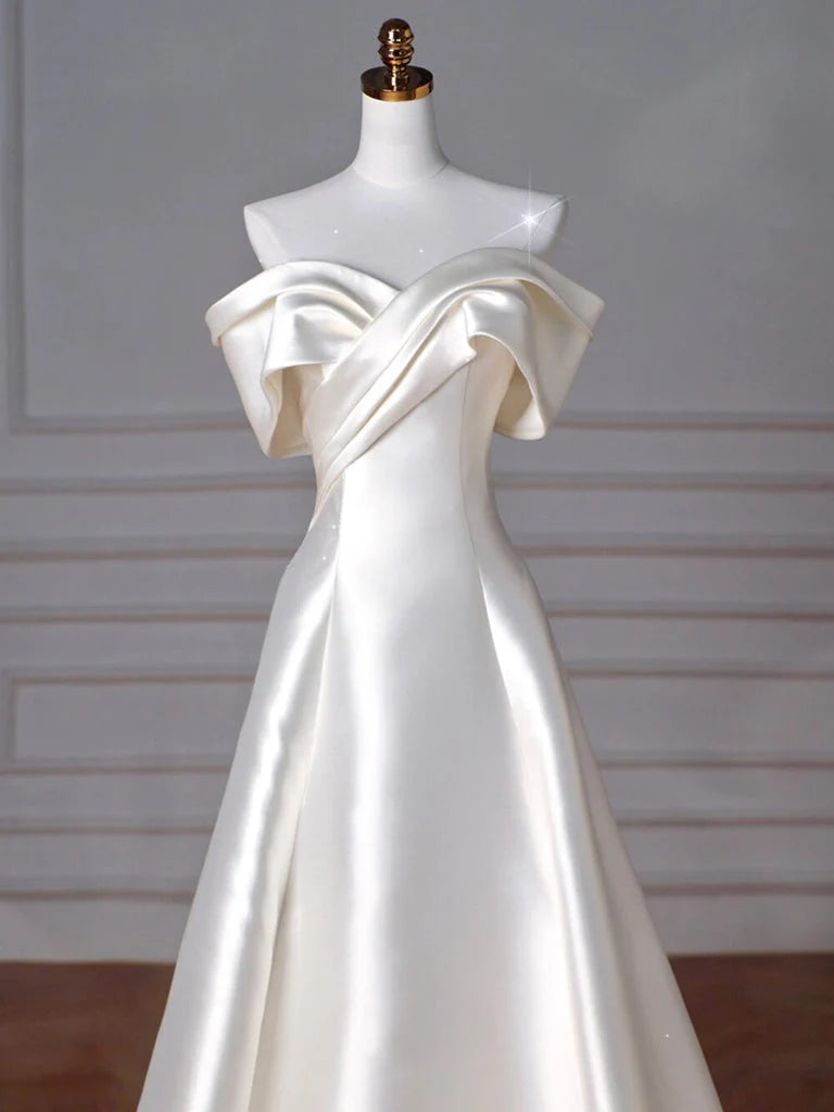 A-Line Off Shoulder Satin ivory Long Prom Dress Satin Long Formal Dress