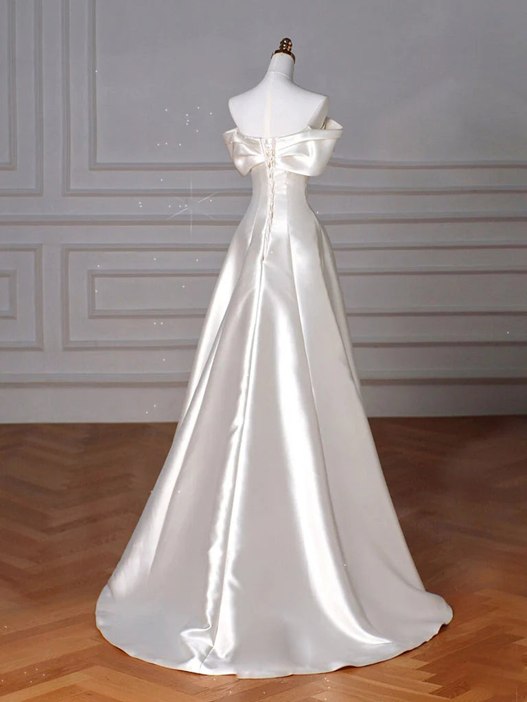 A-Line Off Shoulder Satin ivory Long Prom Dress Satin Long Formal Dress