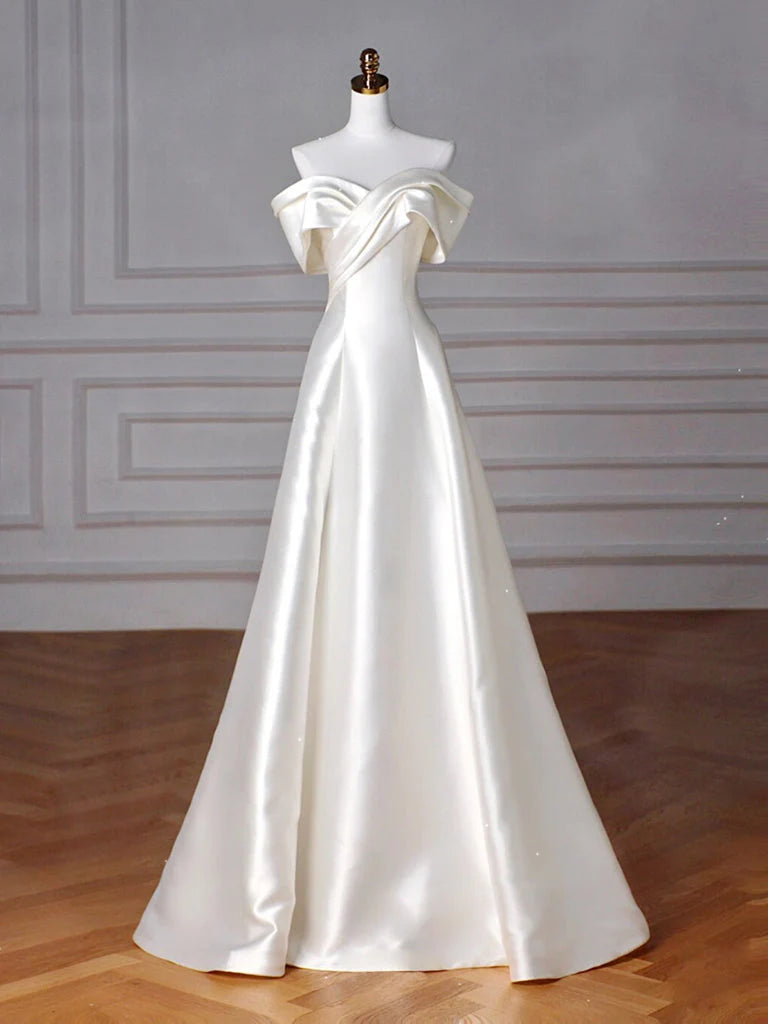 A-Line Off Shoulder Satin ivory Long Prom Dress Satin Long Formal Dress
